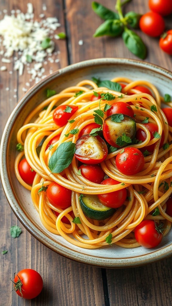 A vibrant plate of Pasta Primavera with bell peppers, zucchini, cherry tomatoes, topped with fresh herbs on a wooden table.